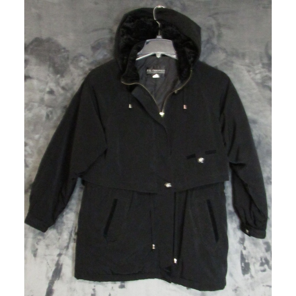 P.A. Originals Black Hooded woman's long Coat Jacket Medium RN 41876